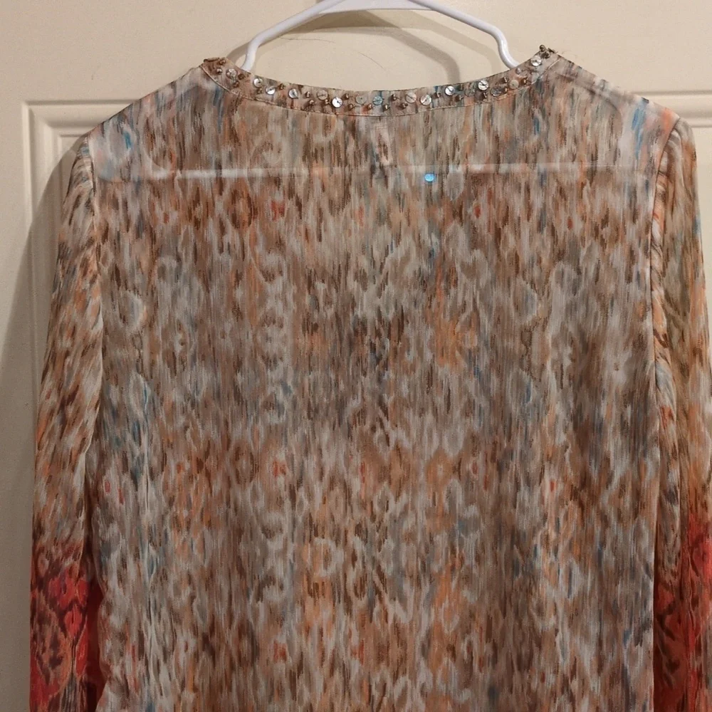 Chicos Tunic: Sheer, Abstract Print Embellished With Beads & Rhinestones, V-Neck - Picture 11 of 16